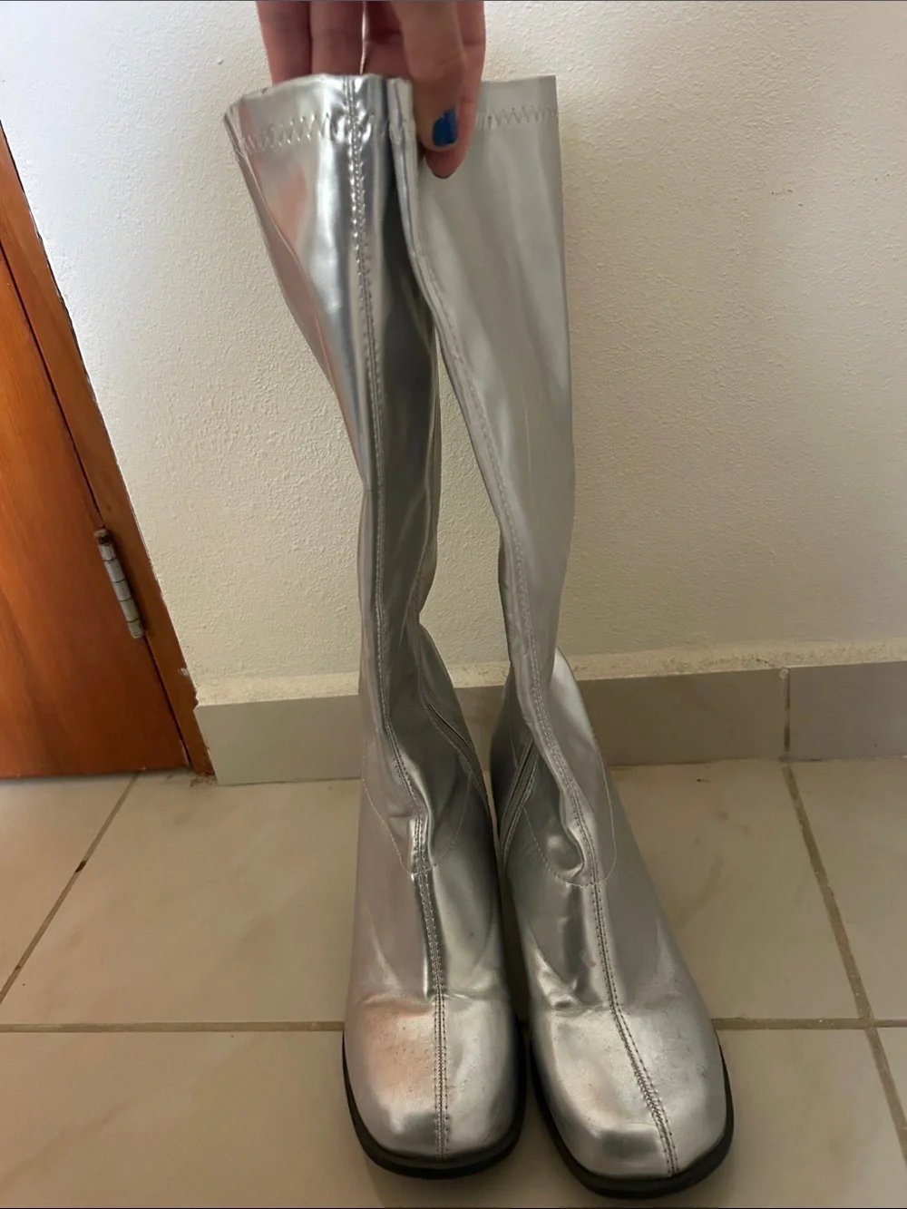 Yandy Metallic Silver Over-the-Knee Block Heel Boots